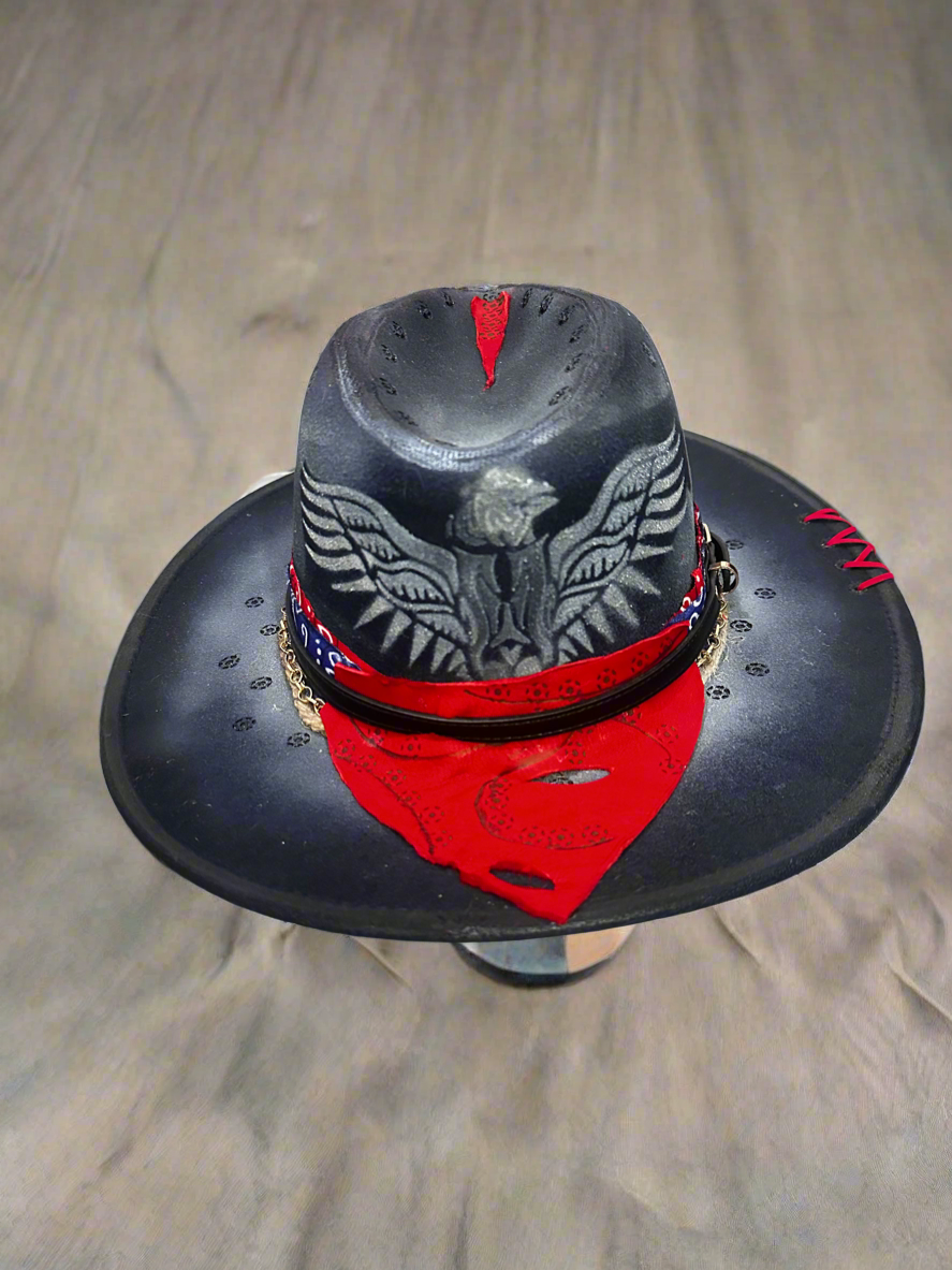 Outlaw Red Bandana Western Hat | Custom Black Cowgirl Cowboy Hat | Rockstar Rodeo Statement Hat | Festival Country Fashion | Handmade Western Style