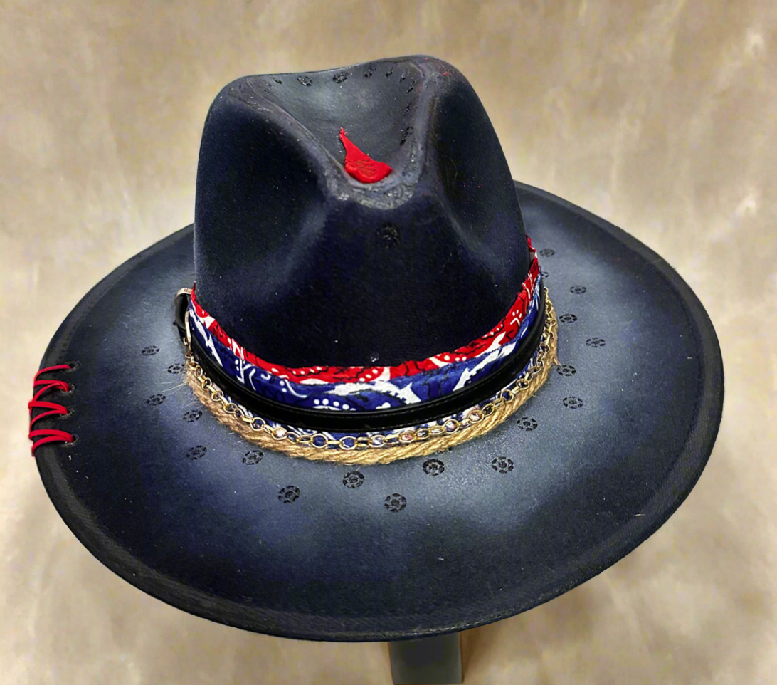 Outlaw Red Bandana Western Hat | Custom Black Cowgirl Cowboy Hat | Rockstar Rodeo Statement Hat | Festival Country Fashion | Handmade Western Style